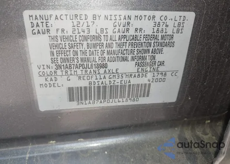 2018 Nissan Sentra Sv z USA, uszkodzony, nr VIN 3N1AB7AP0JL618980